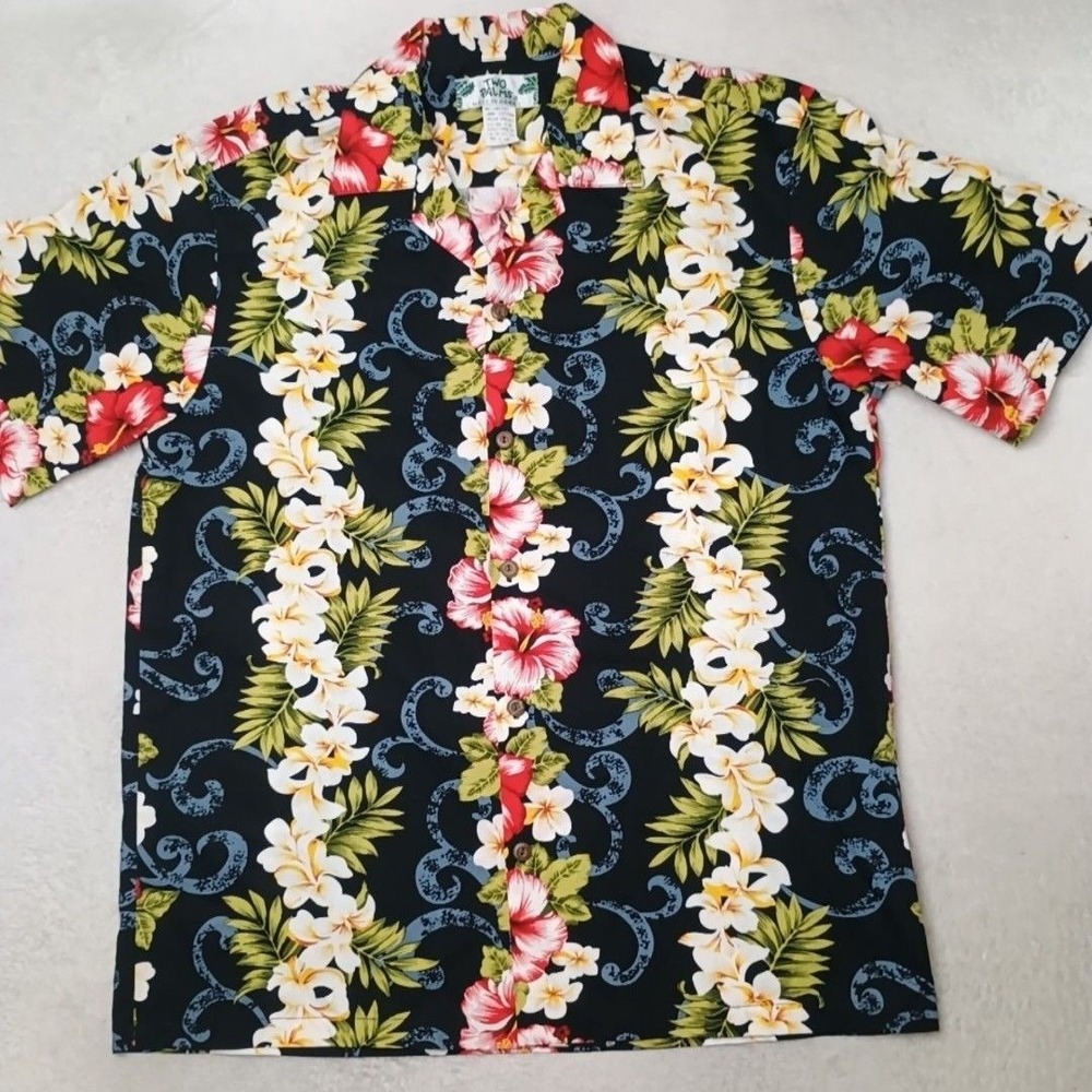 Vintage Two Palms Shirt Mens M Black Floral Button-Up Short Sleeve Hawaiian USA